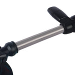 Midsection and handle detail of a red and black toy string trimmer showing grip and silver shaft on white background