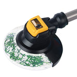 Close-up of toy trimmer head variant with yellow POWER button and clear guard filled with green decorative strips