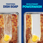 Split-image comparison of a baked-on pan being wiped: left labeled 'Traditional Dish Soap', right labeled 'Revolutionary Powerwash' showing cleaner result.