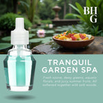 Close-up of a refill bottle with pale turquoise oil overlaid on a garden spa scene and text reading ‘TRANQUIL GARDEN SPA’.