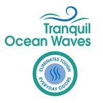 Stylized Tranquil Ocean Waves wordmark with wave icon and circular badge reading eliminates tough everyday odors