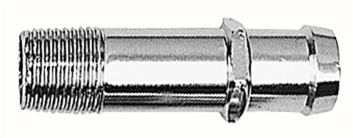 Chrome metal threaded water pump fitting with male threads on one end and smooth hose barb on the other