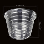 Transparent round plastic plant pot liner on black background with dimension callouts