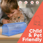 Lifestyle graphic of a translucent blue humane mouse trap on a table with a blurred cat and child background.
