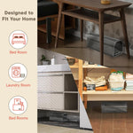 Lifestyle collage showing a clear plastic mouse trap placed under furniture and in storage and laundry room settings