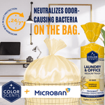 Lifestyle-style graphic showing a tied pale yellow trash bag in a basket, product roll and Microban branding with claim text.