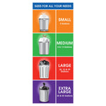 Infographic grid showing trash bin size categories with colorful panels for small, medium, large and extra large bags