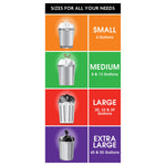 Infographic panel showing trash can illustrations and labeled size categories including Large for 30, 33 & 39 gallons