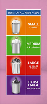 Infographic panel showing trash can icons and size chart for small, medium, large and extra large bag capacities on pink background