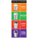 Infographic panel showing size guide for trash bags with colored panels labeled small, medium, large and extra large