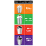 Colorful infographic showing trash can size guide for small, medium, large and extra large garbage bags