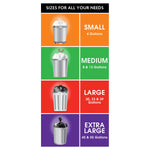 Infographic grid showing bin illustrations and size labels for small, medium, large and extra large trash bag sizes