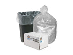 Translucent tied trash bag and a wastebasket with a clear liner alongside a Genuine Joe product box