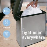 Kitchen trash bin photo with overlay icons for cooking, bathroom, trash and text ‘fight odor everywhere’