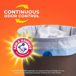 Close-up of a trash can rim with a drawstring bag, ARM & HAMMER seal and 'Continuous Odor Control' text on orange background.