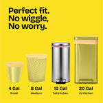 Yellow infographic showing four trash can sizes with a highlighted 13 gallon tall kitchen can and copy about perfect fit