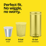 Yellow infographic showing three trash can sizes (4 gal small, 8 gal medium, 13 gal tall kitchen) and 'Perfect fit' text