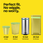Yellow infographic showing four trash can sizes labeled 4, 8, 13 and 20 gallon to illustrate fit