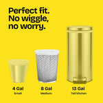 Graphic showing three trash can sizes (4 gal, 8 gal, 13 gal) on yellow background with 'Perfect fit' text