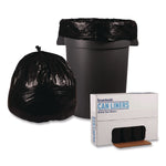 Black trash bag-lined gray trash can, tied trash sack and a Boardwalk can liners display box arranged on white background.