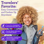 Smiling traveler holding a mini disposable toothbrush with purple text callouts highlighting convenience and recyclable handle features.