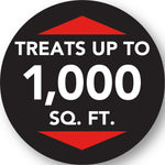 Round black and red graphic reading “TREATS UP TO 1,000 SQ. FT.” in bold white type.