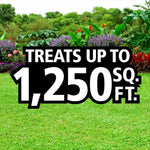 Graphic of a lawn and flowerbed with bold text overlay stating treats up to 1,250 sq. ft.