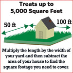Illustration showing a yard and house with arrows and text 'Treats up to 5,000 Square Feet' and measurement guidance