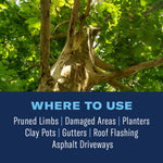 View looking up into a leafy tree canopy above a dark blue panel listing 'Where to Use' applications for the product