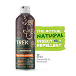 TREK continuous spray insect repellent canister on white background with green callout reading “The actual natural insect repellent.”
