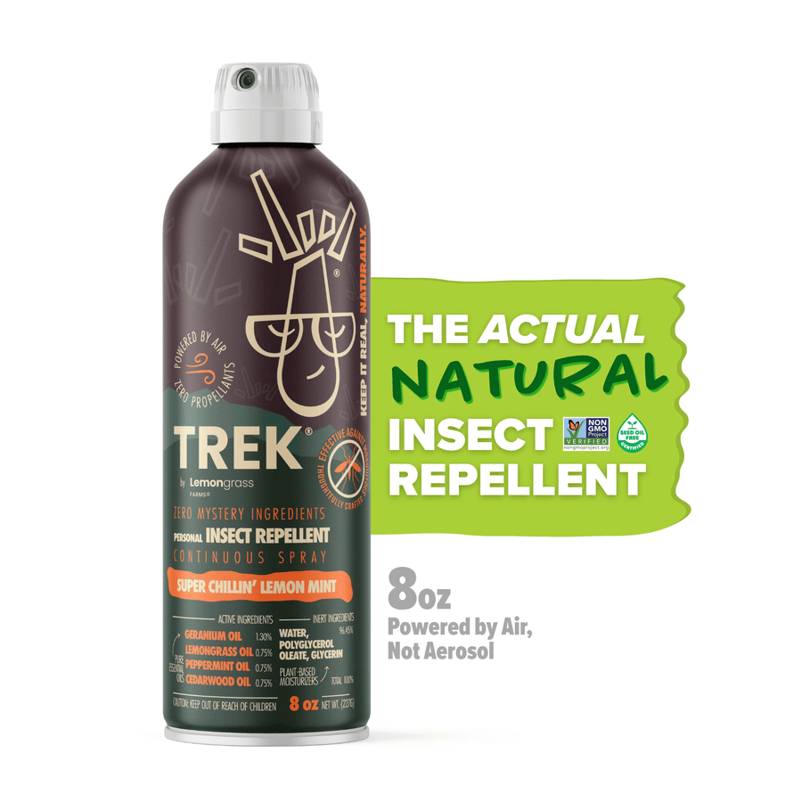 TREK continuous spray insect repellent canister on white background with green callout reading “The actual natural insect repellent.”