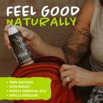 Person placing a TREK spray can into a backpack pocket with overlaid text 'Feel Good Naturally' and benefits listed in a green panel.