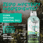 Product bottle of Trek insect repellent beside ingredient callouts listing geranium, lemongrass, peppermint and cedarwood oils