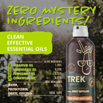 TREK spray can beside an infographic listing active and inert ingredients under the headline 'Zero Mystery Ingredients!'.