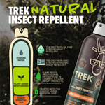 TREK natural insect repellent graphic showing bottle and icons for purified water, plant-based moisturizers, and pure essential oils.
