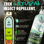 Trek Natural insect repellent graphic showing purified water, plant-based moisturizers and product benefits beside the bottle