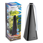 Black Treva cone-shaped bug fan beside its retail box showing outdoor table lifestyle photography.