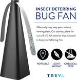 Treva insect-deterring bug fan with descriptive text and icons highlighting portability, light weight, and chemical-free design.