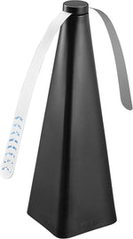 Close-up of a black Treva cone-shaped insect fan with two flexible reflective blades against a white background.