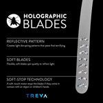 Close-up infographic panel titled “Holographic Blades” showing a single reflective soft blade and three feature lines.
