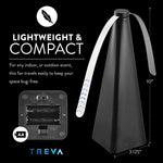 Lightweight and compact product infographic showing Treva bug fan, battery compartment close-up, and size dimensions.