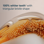 Close-up render of triangular-shaped orange bristles on a toothbrush head with text claiming '100% whiter teeth'.