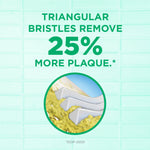 Graphic stating "Triangular bristles remove 25% more plaque" with illustration of bristles scraping plaque