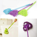 Three triangular microfiber mops in blue, purple, and green shown with handles and usage examples cleaning a tub and tiled wall.