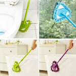 Four-panel collage of a triangular mop used on a toilet base, a window, and two views of handheld cleaning the tub edge.