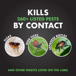 Dark infographic reading “Kills 260+ listed pests by contact” with circular images of a flea, deer tick, and Japanese beetle