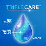 Graphic droplet labeled Triple Care with callouts for deep cleans, protects colors, and anti-pill on blue background