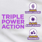 Textured white fabric background with purple text Triple Power Action and icons for fighting odors, stains, and lasting freshness