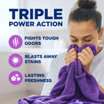 Woman smelling a purple knitted garment next to text listing 'Triple Power Action' benefits and icons