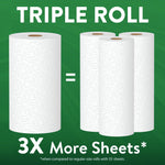 Graphic showing one triple roll equals three regular rolls with three white towel rolls on a green background and '3X More Sheets'.